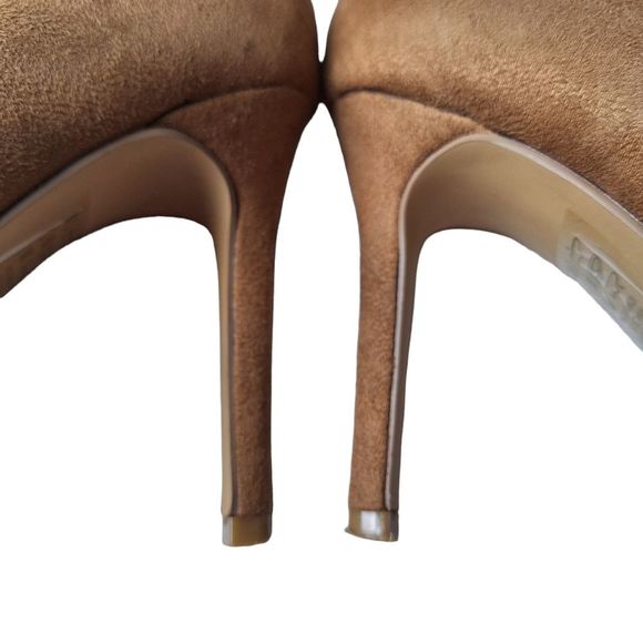 Express SZ 6 Brown Faux Suede Pull On Heeled Slouch Paper Bag Ankle Bootie Boots - Picture 6 of 14